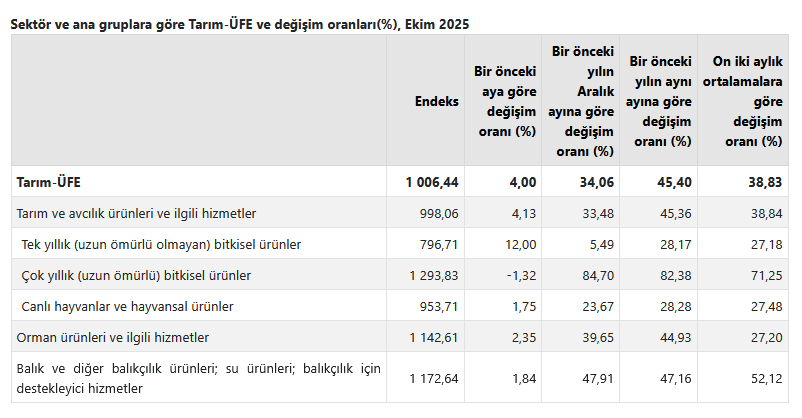 TÜİK- Tarım-ÜFE yıllık yüzde 45,40 arttı, aylık yüzde 4,00 arttı